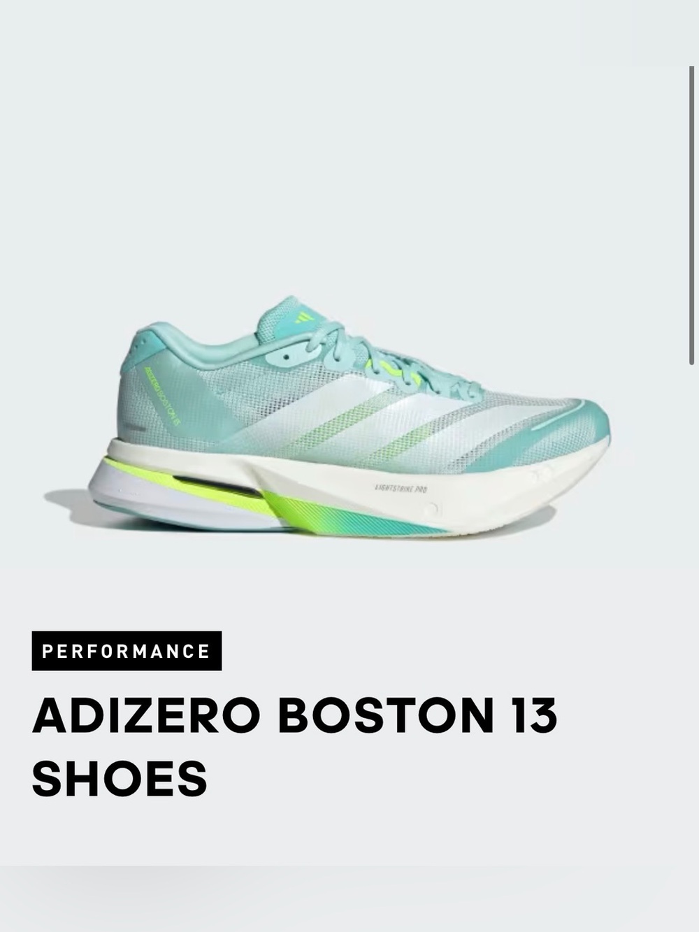 Adidas Adizero Boston 13 Women's Light Mint and White Running Shoes